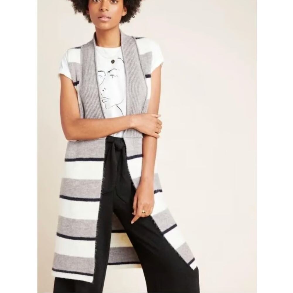 BY ANTHROPOLOGIE Pencey Longline Gray Cream Black Striped Knit Open Front Vest M